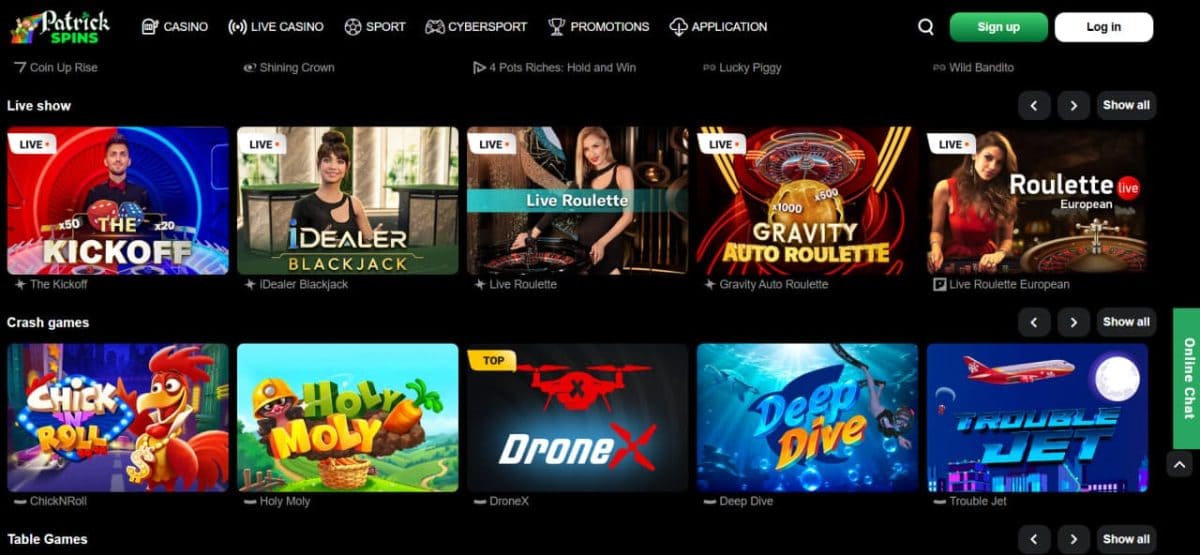 Patrick Spins Casino — Online Slots, Jackpots & Live Dealer Tables image 2